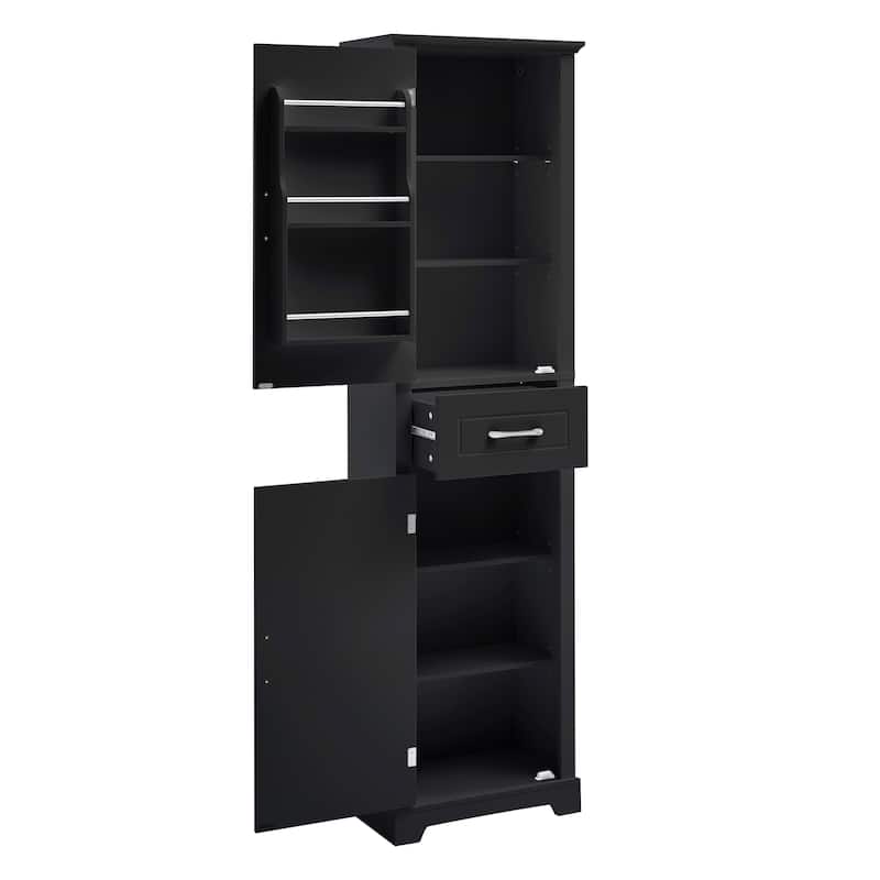 Roomfitters 63" Tall Bathroom Storage Cabinet, Freestanding Linen Tower with Door-Mounted Shelves and Drawer, Black