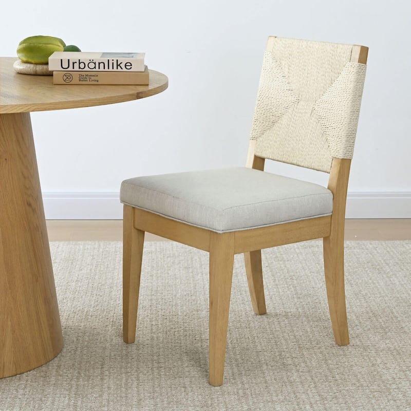Upholstered Dining Chair with Woven Rope Back and Solid Wood Frame(Set of 2)