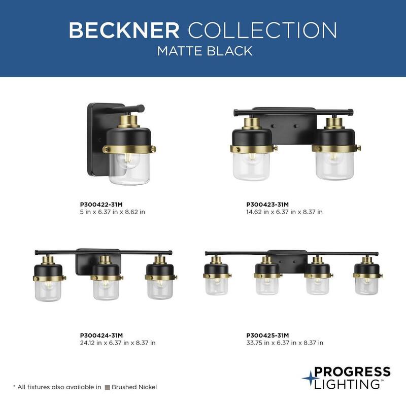 Beckner Collection Three-Light Matte Black Clear Glass Urban Industrial Bath Light with Vintage Brass Accents