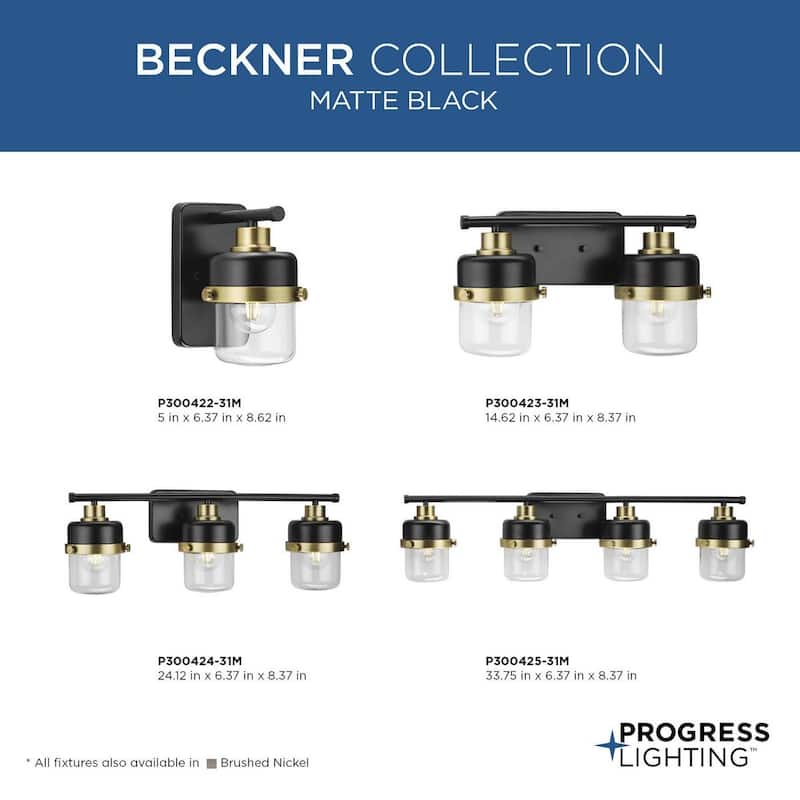 Beckner Collection Two-Light Matte Black Clear Glass Urban Industrial Bath Light with Vintage Brass Accents