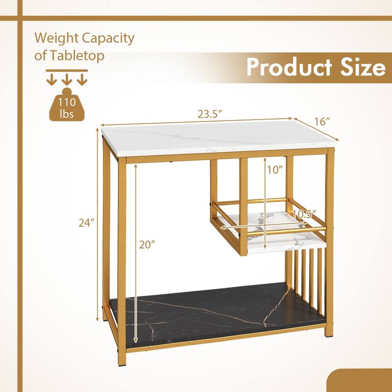 Modern Marble and Gold Side Table with 3-Tier Storage Shelves for Living Room or Bedroom Use - 23.5" x 15.5" x 24" (L x W x H)