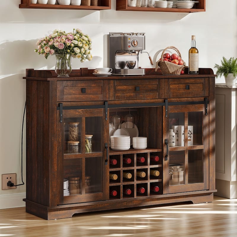 Moasis Farmhouse Sideboard Buffet with Wine Racks Storage Bar Cabinet with Drawers - Brown Oak