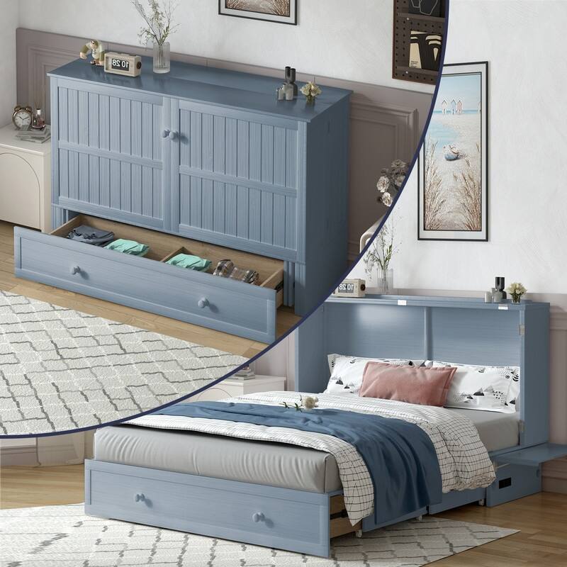 Mixoy Modern Murphy Bed Cabinet Chest with Mattress & Storage Platform - BLUE - Queen