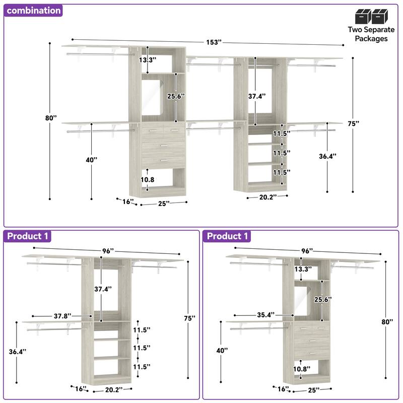 Walk-In Closet Set of 2: 45"-153" Adjustable Organizer System with 6 Extendable Rods, 4 Drawers, 6 Shelves, Mirror