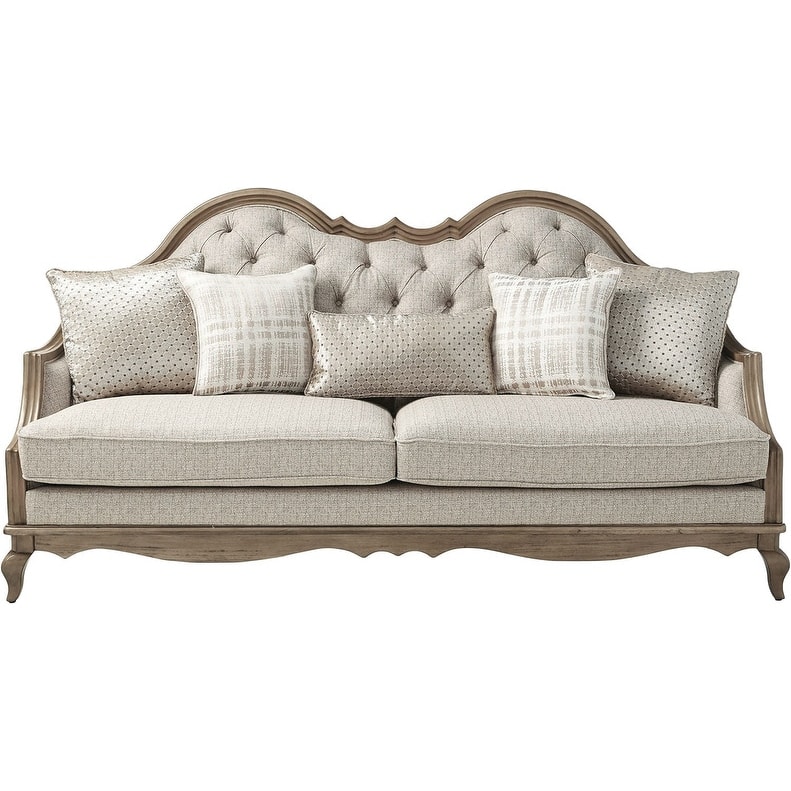 HomeRoots 86" Brown And Beige Upholstered Solid Wood Sofa With Toss Pillows