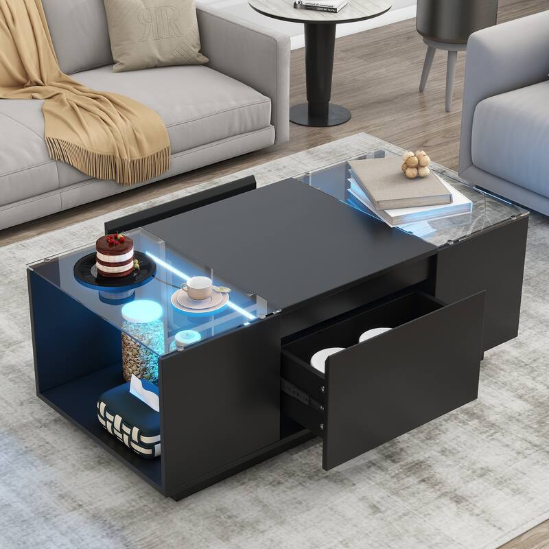 LED Coffee Table with 2 Drawers, Rectangle High Gloss Center Table, Modern Glass Tabletop Storage Table for Living Room