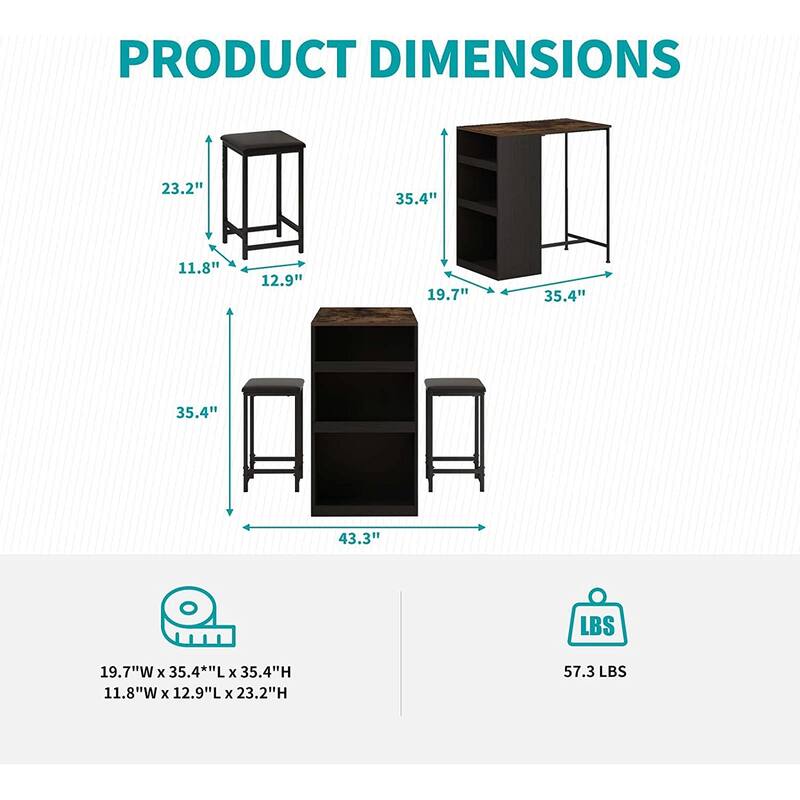 Mixoy Kitchen Table and Stools Set with 3 Storage Shelves,Bistro Bar Table with Bar Stools,Bar Counter,Suitable for Drinking