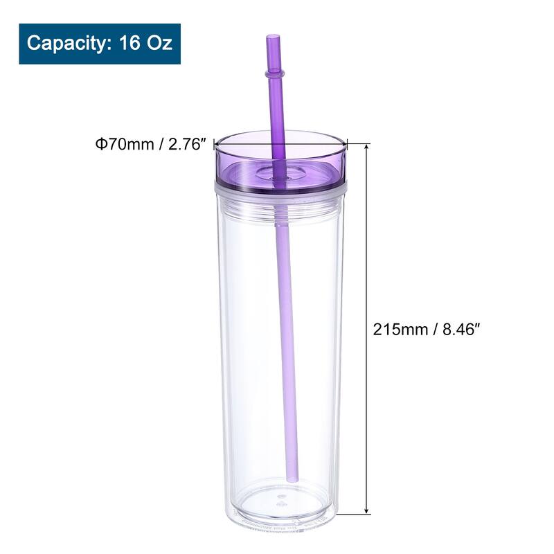 Skinny Acrylic Tumbler with Lid and Straw, 16 Oz Double Wall Cups - Purple