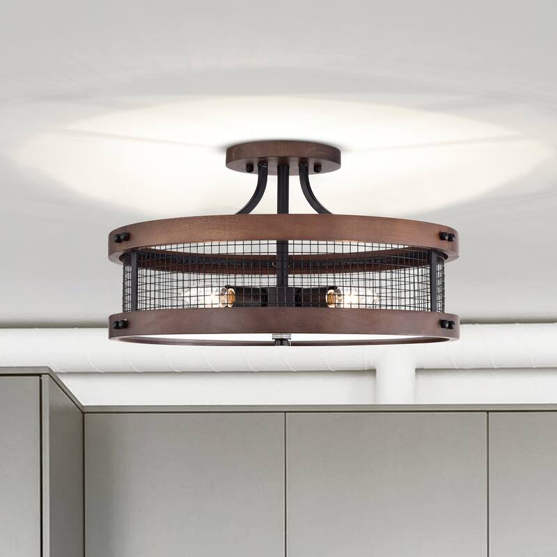 Cody Wood Grain+Matte Black 4-Light Geometric Metal Drum Shade Semi-Flush Mount