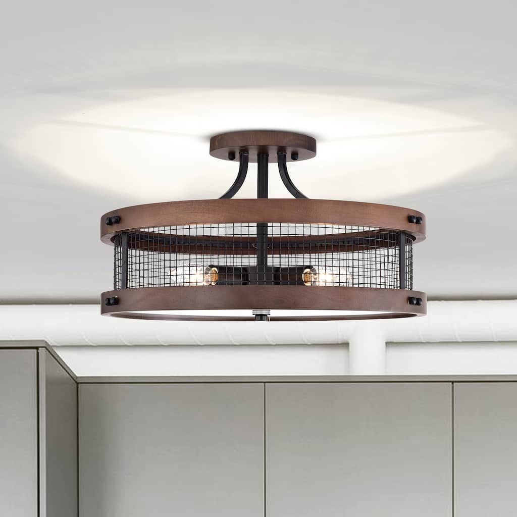 Cody Wood Grain+Matte Black 4-Light Geometric Metal Drum Shade Semi-Flush Mount