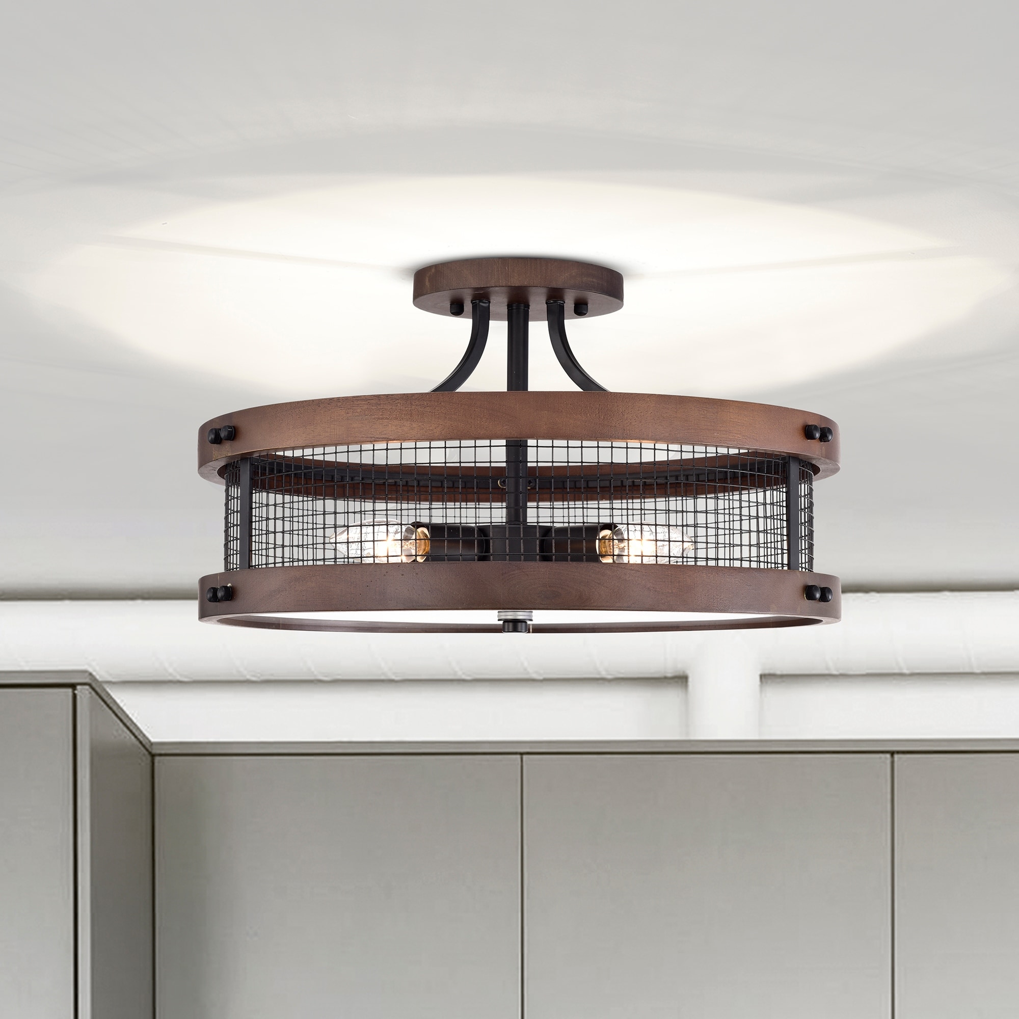 Cody Wood Grain+Matte Black 4-Light Geometric Metal Drum Shade Semi-Flush Mount