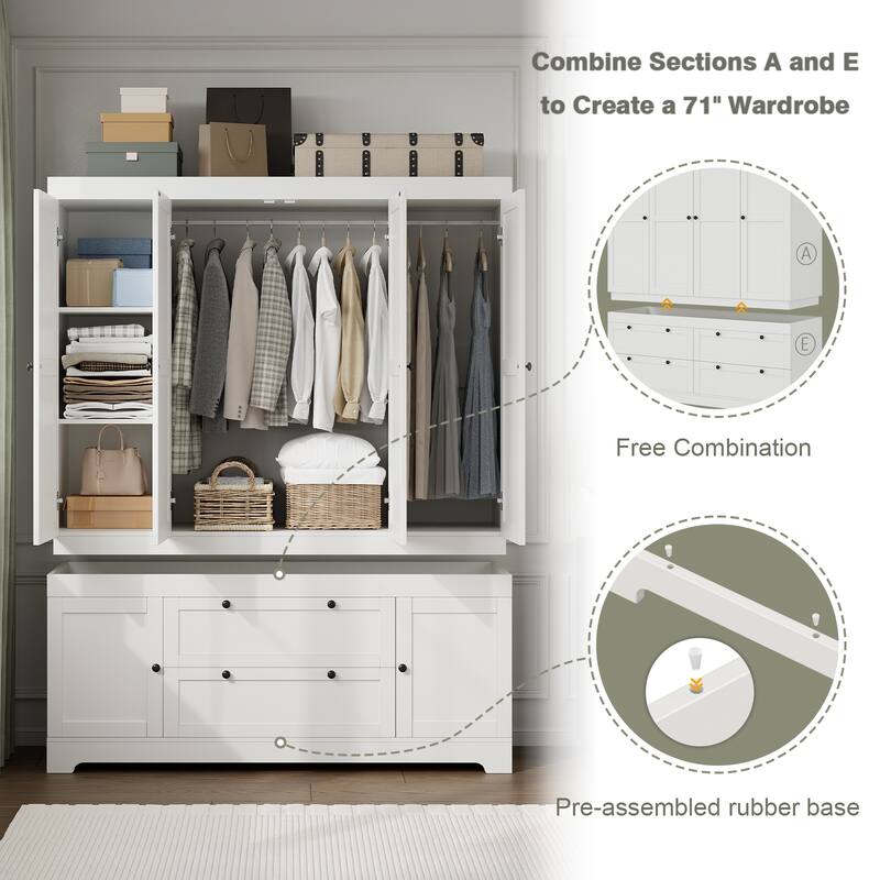 Gyomojoy Large White Wardrobe Closet with Drawers & Doors, Modular Armoire with Hanging Rods, Apartment & Dorm Storage