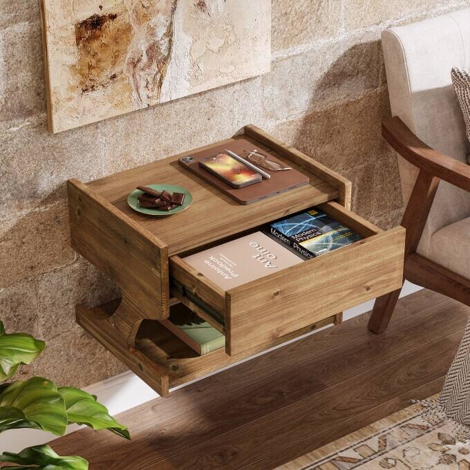 Solid Wood Floating Nightstand, Wall-Mounted Bedside Table with Drawer