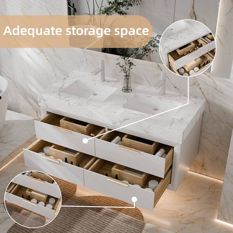 Modland 48" Floating Double Sink Bathroom Vanity with White Stone Countertop, Soft-Close Drawers, LED Lighting