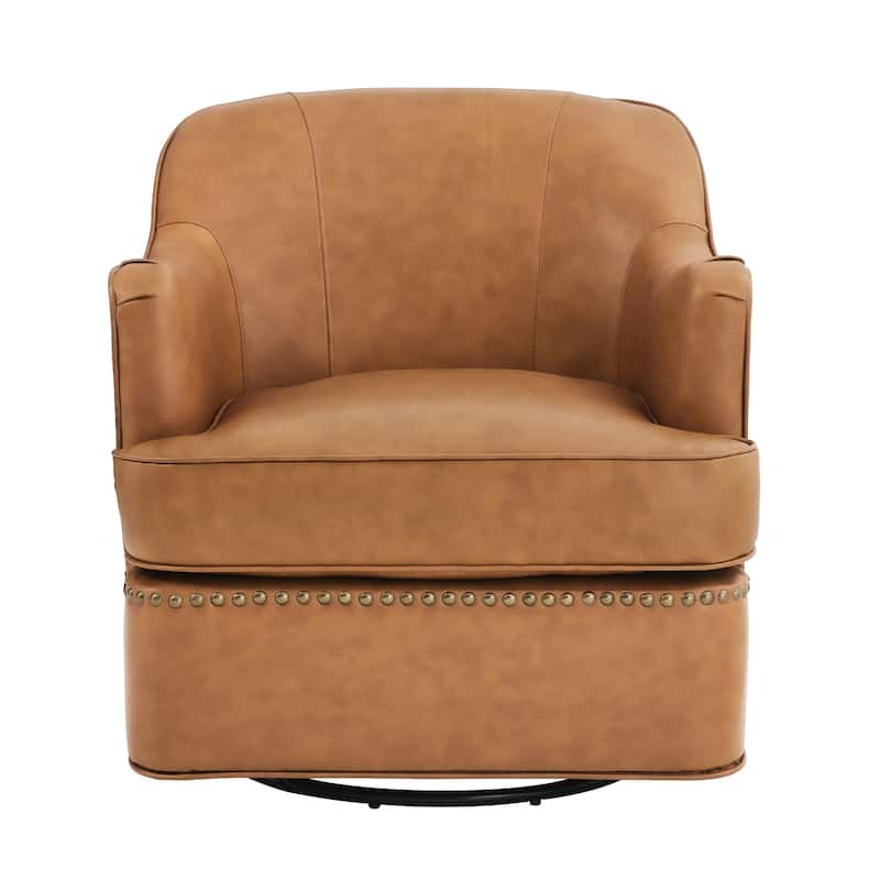 Set of 2 Genuine Leather Swivel Upholstered Accent Barrel Chair with Metal Base for Living Room