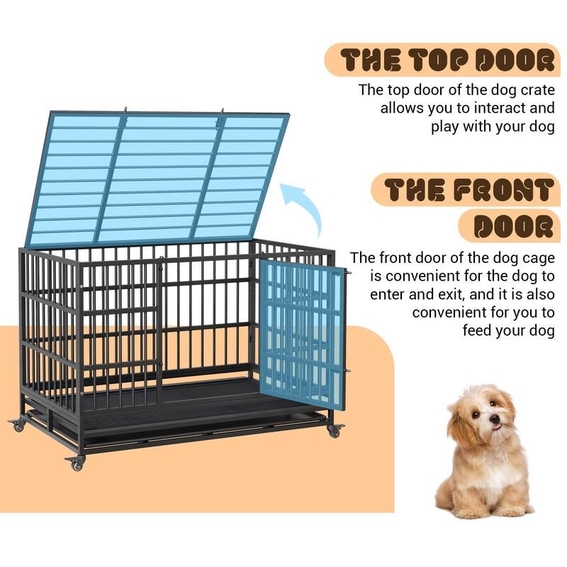 Heavy Duty Dog Crate withDouble Door Wheels ChewProof Metal Kennel for Small Dogs Easy to Assemble