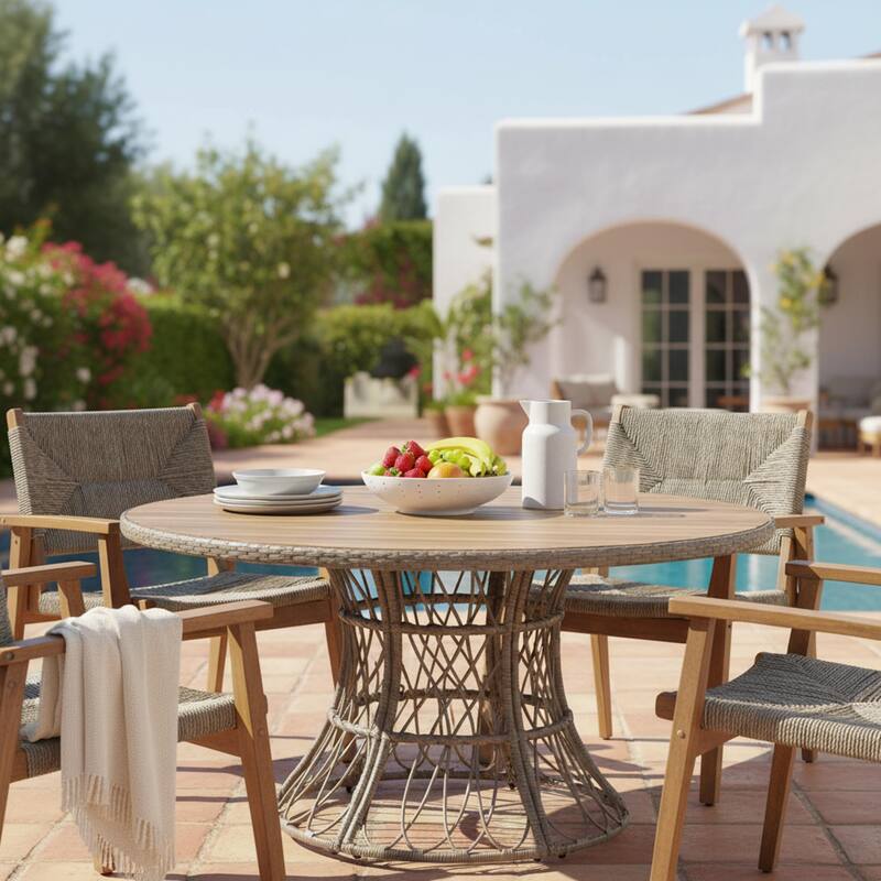 Christopher Knight Home - Estra Outdoor Round Acacia Wood Woven Dining Table with Wicker Pedestal Base, for 4 - 6 Seating - Brown