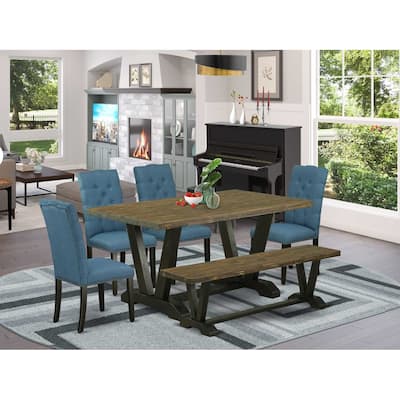 6-Piece Rectangle Distressed Jacobean Finish Solid Wood Top Dining Table with 1-Bench, 4-Chairs with