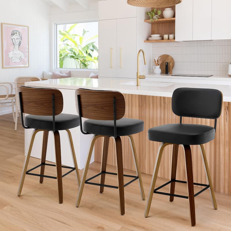 26"/29" Swivel Bar Stools/ Counter Stools with Bentwood Legs - Set of 3 - Black-PU Back - Counter Height