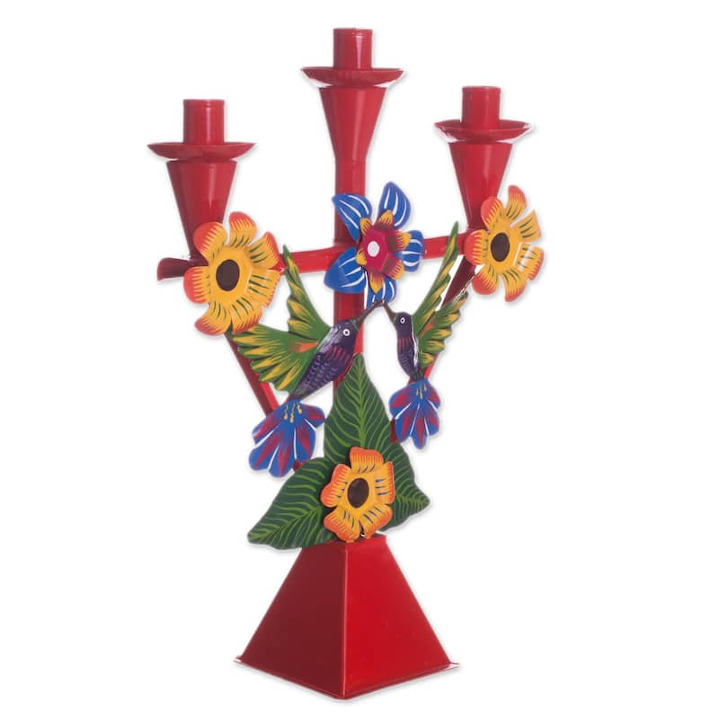 Novica Handmade Hummingbird Temple In Red Recycled Metal Candelabra