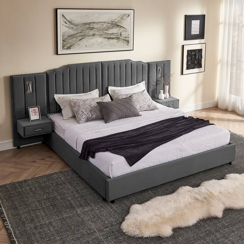 King/Queen Velvet Bed Frame with Vertical Stitch Headboard & Side Table