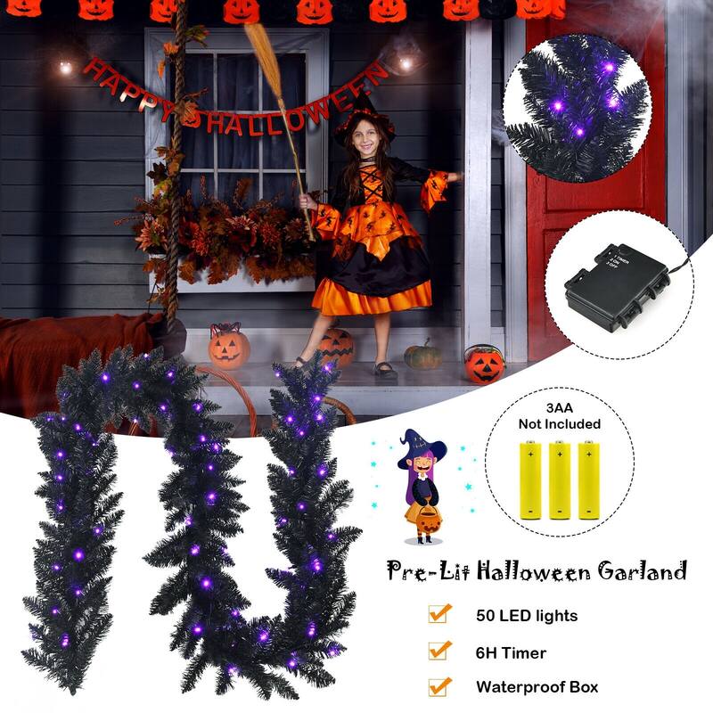 9 Feet Pre-lit Christmas Halloween Garland with 50 Purple LED Lights - BLACK