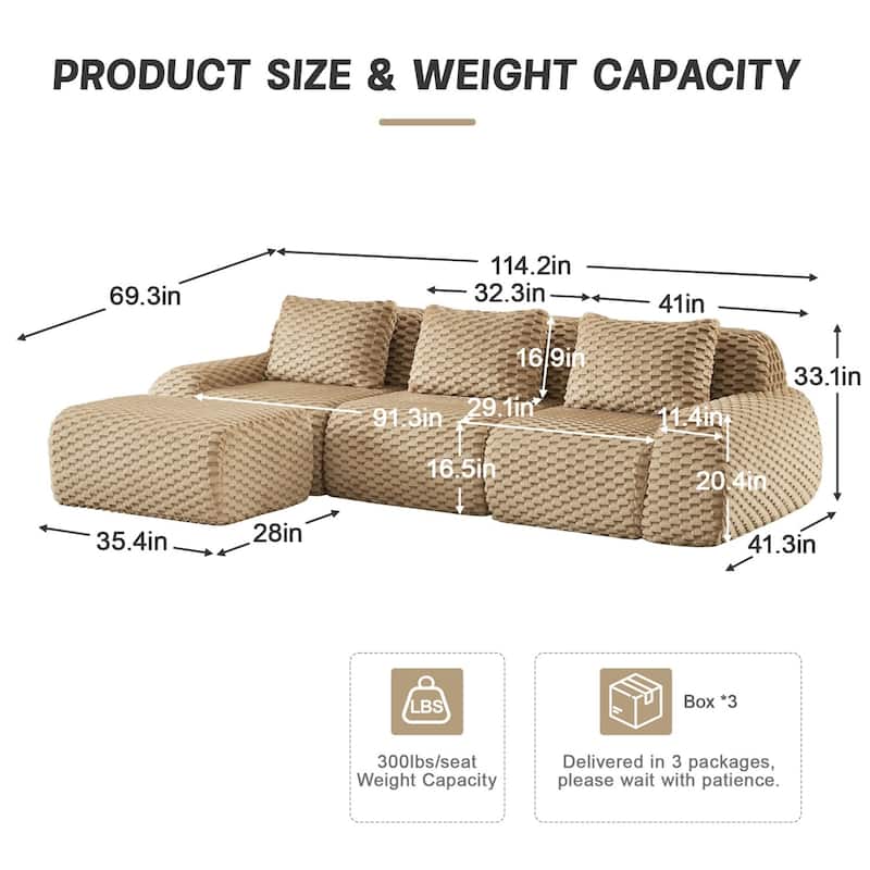 114" Flannelette Modern L-Shaped Modular Boneless Sectional Sofa with Ottoman