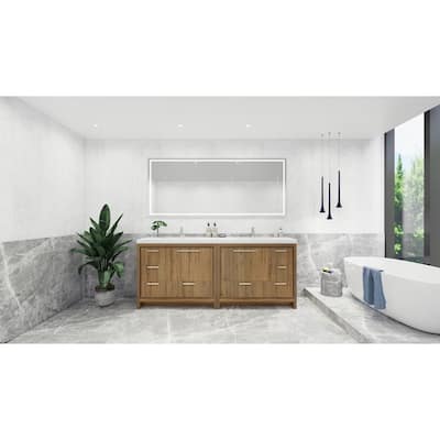 dolce 84 natural oak finish freestanding bath vanity with dual basin reinforced acrylic top