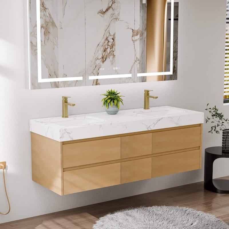 Modland 60" Floating Bathroom Vanity, Modern Maple Wood Wall Mounted Vanity with Marble Countertop,6 Soft-Close Drawers