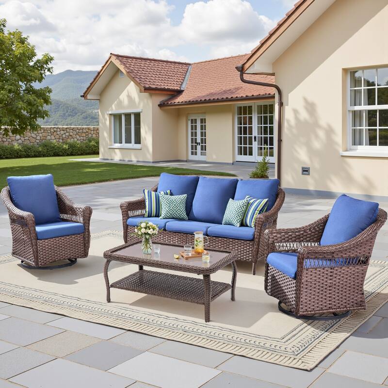 Pocassy 4 Pieces Sofa Swivel Chair with Coffee Table - Brown & Blue