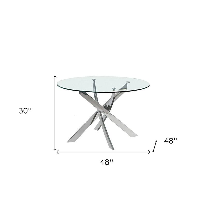 HomeRoots 48" Clear and Silver Glass and Metal Cross Leg Base Round Top Dining Table - 48.00 in. x 30.00 in. x 48.00 in.