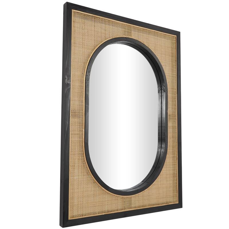 Brown Rattan Room Wall Mirror with Black Accent Frames