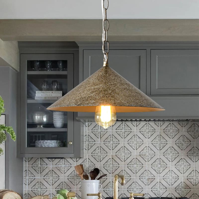 Rustic Antique Silver Single Shallow Cone Kitchen Pendant Light - 13.8 inches