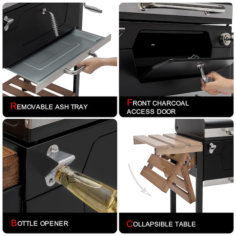 Royal Gourmet 24-Inch Charcoal Grill, BBQ Smoker with Handle and Folding Table, Black