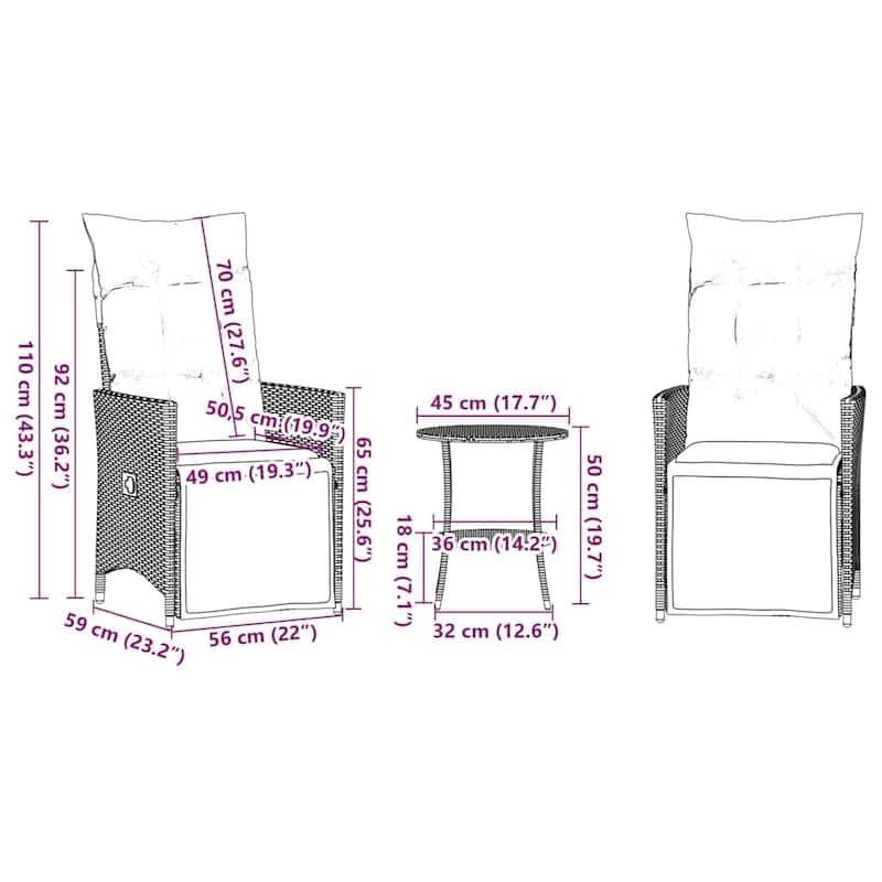 vidaXL 3 Piece Bistro Set with Cushions Gray Poly Rattan - 22.0 x 23.2 x 36.2