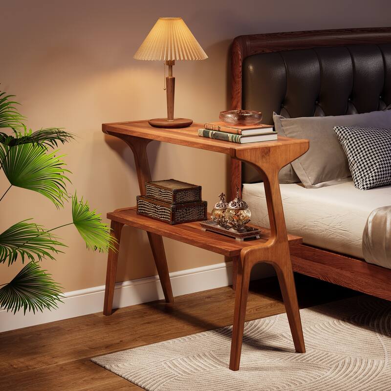 Wood 2-Tier Narrow Side End Chairside Table for Small Space