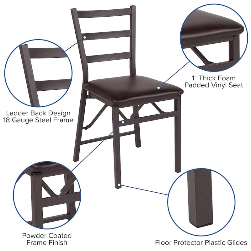 2 PK Brown Folding Ladder Back Metal Chair - Brown Vinyl Seat - Dining Furniture