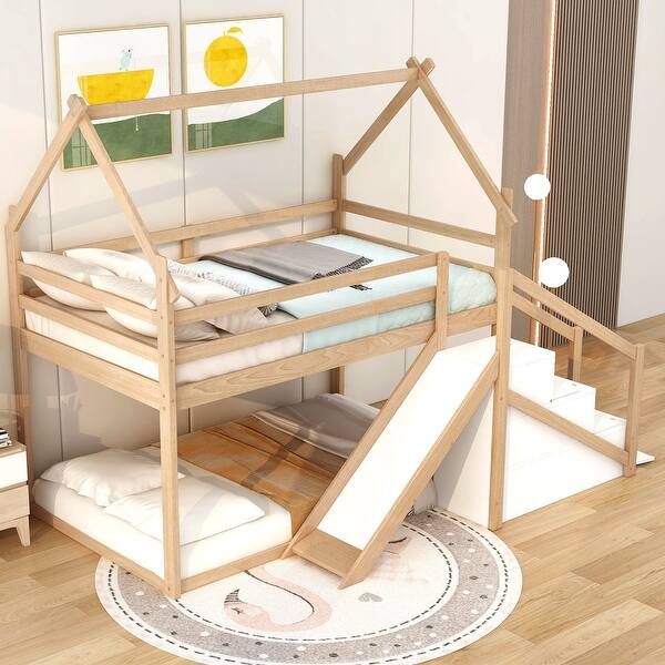 slide 2 of 28, Twin over Twin Pine House Loft Kids Bed Frame with Slide, Staircase & Storage, Safety Guaranteed, Easy Assembly, Natural Natural