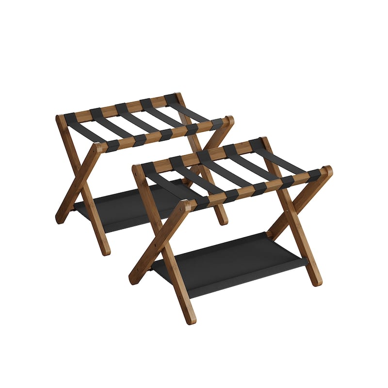 Wicker Luggage Rack with Nylon Support Straps and Storage Shelf Foldable Travel Suitcase Stand