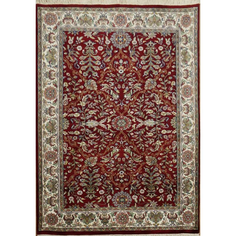 Hand Knotted Oriental 100% Wool Carpet Traditional All-Over Red Agra Area Rug - 5' 9'' X 4' 0''