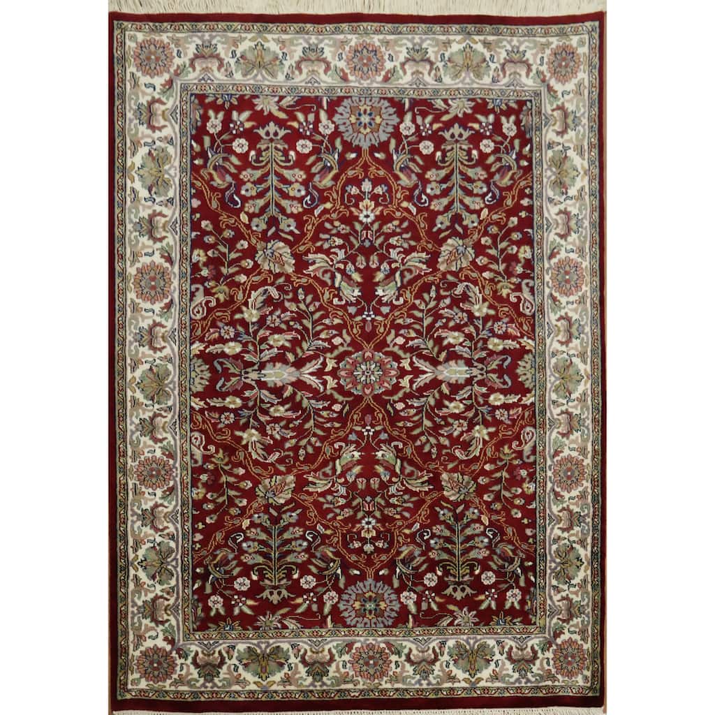 Hand Knotted Oriental 100% Wool Carpet Traditional All-Over Red Agra Area Rug - 5' 9'' X 4' 0''