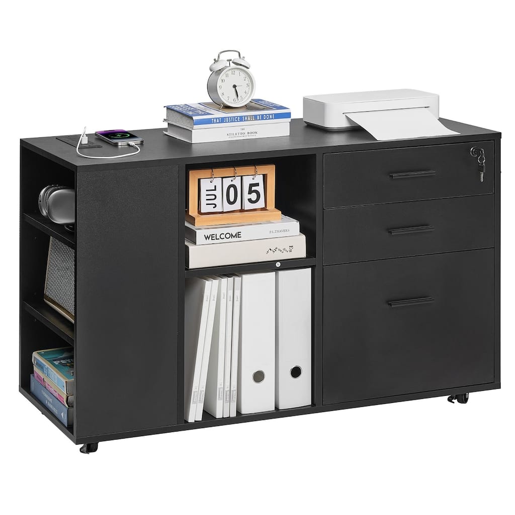 Black Particle Board Mobile File Cabinet 3 Drawers 5 Compartments Lockable with Casters
