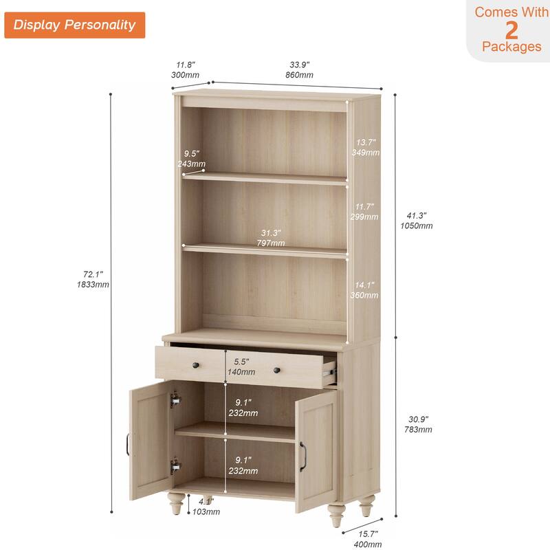 Light Beige Bookcase with Doors, Large Wood Farmhouse Book Case Shelf