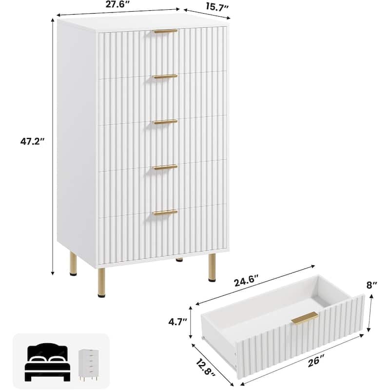 Fluted 5 Drawer Storage Dresser, Tall Chest with Deep Drawers and Wide Top, Wooden Organizer for Living Room