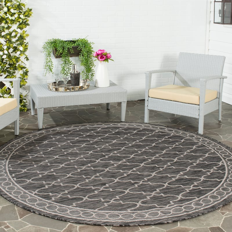 SAFAVIEH Courtyard Shahrzad Indoor/ Outdoor Waterproof Patio Backyard Rug - 6'7" Round - Black/Beige