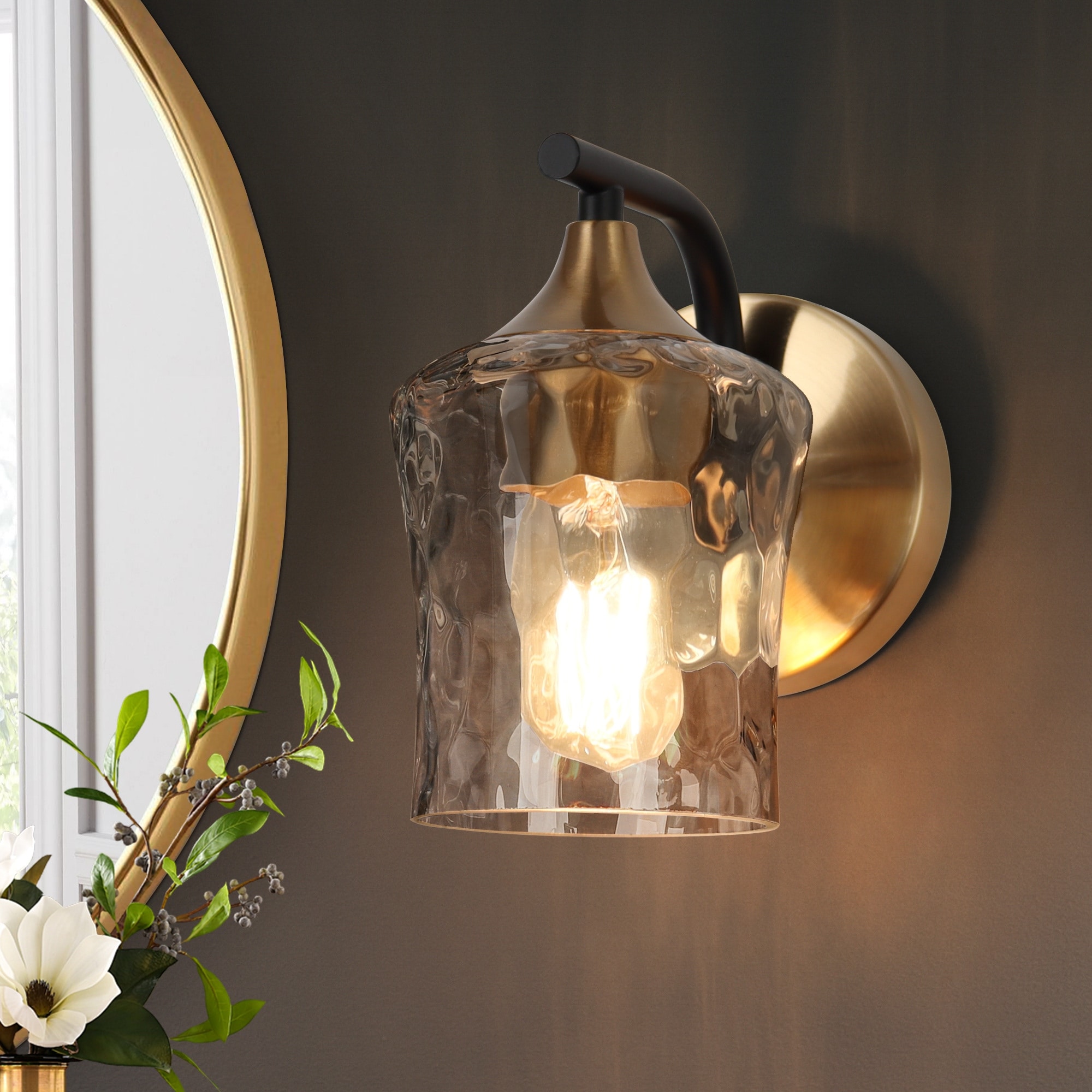 Modern 1-Light Black Gold Wall Sconce Glass Vanity Lights for Bathroom