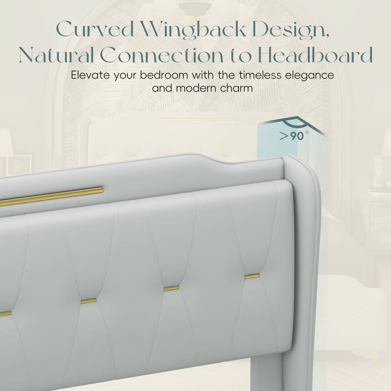 King Size PU Leather Platform Bed with Wingback Headboard and Footboard, Gold Metal Decoration, Easy Assembly