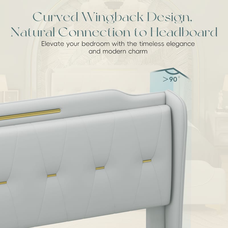 Queen Size PU Leather Platform Bed with Wingback Headboard, Footboard, and Solid Wood Slats