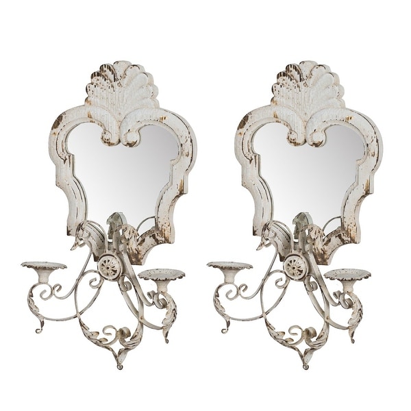 Set of 2 White Antique Style Distressed Candle Holders 23" - N/A