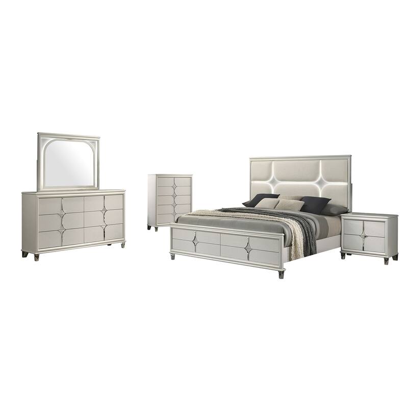 Upholstered Eastern King Bedroom Set with Acrylic Legs in Pearl White - 5 Piece